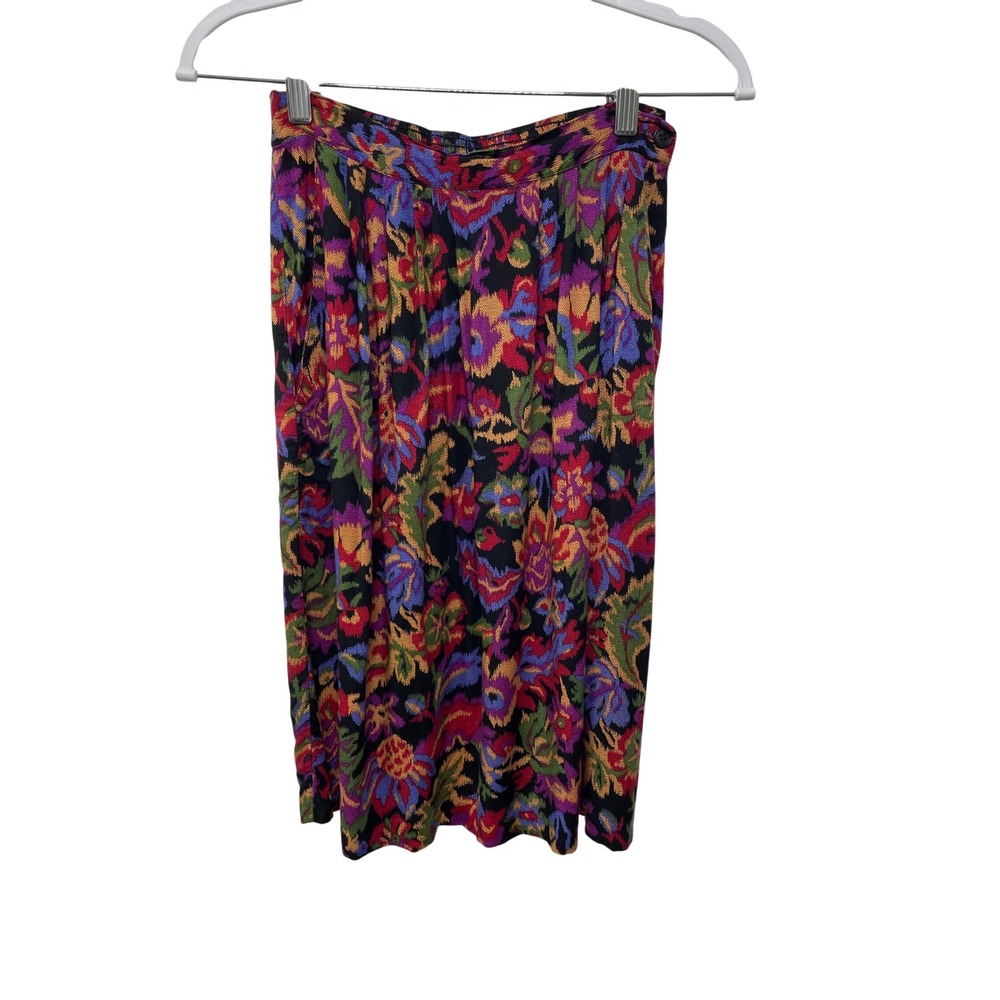 Vtg Block Island Petites Floral Midi Skirt Pleated Elastic Waist Dark Cottage
